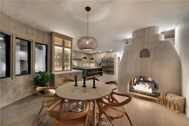Dining room, Fireplace, Interior, Kitchen, Pendant Lights, Recessed Lighting, Wood Texture Flooring