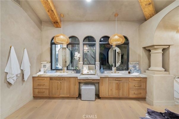 Bathroom, Dual Sink Vanities, Interior, Pendant Lights, Wooden Beams, Wood Texture Flooring
