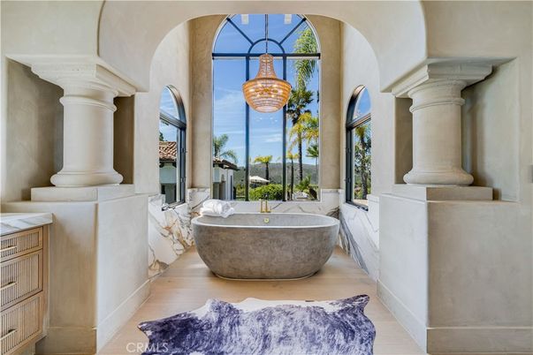 Bathroom, Chandelier, Free Standing Baths, Interior, Wood Texture Flooring