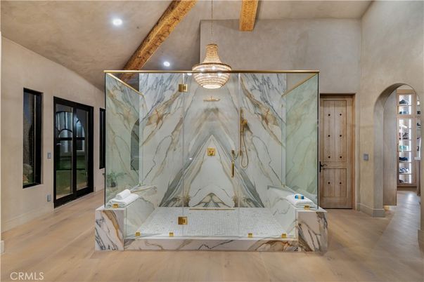 Interior, Marble Walls, Recessed Lighting, Wooden Beams, Wood Texture Flooring