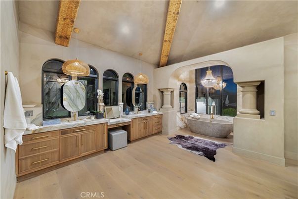 Bathroom, Dual Sink Vanities, Interior, Pendant Lights, Wooden Beams, Wood Texture Flooring