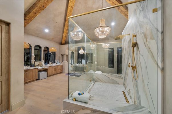Bathroom, Chandelier, Glass Shower, Interior, Pendant Lights, Recessed Lighting, Wood Texture Flooring
