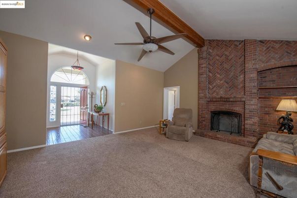 Fireplace, Interior, Pendant Lights, Recessed Lighting, Stone Walls, Wood Texture Flooring