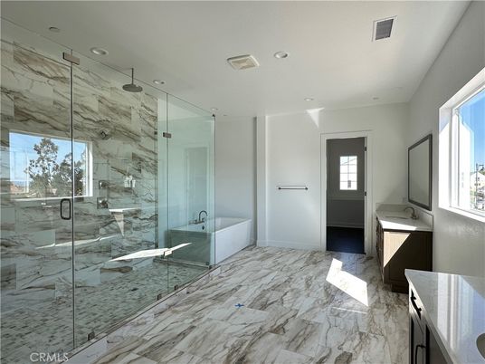 Bathroom, Glass Shower, Interior, Marble, Marble Walls, Recessed Lighting