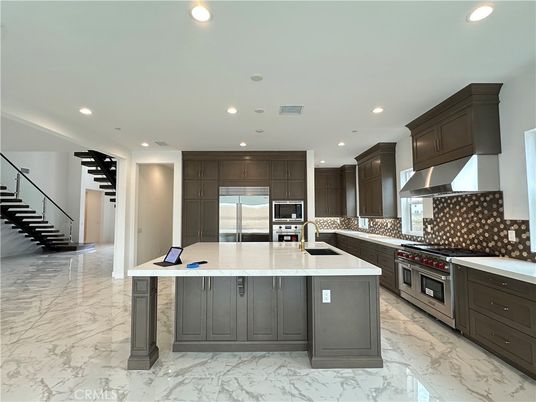 Interior, Kitchen, Marble, Recessed Lighting, Stainless Steel Appliances