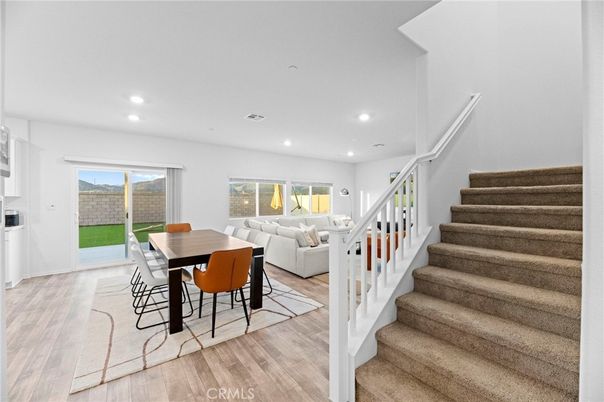 Dining room, Interior, Living room, Recessed Lighting, Wood Texture Flooring