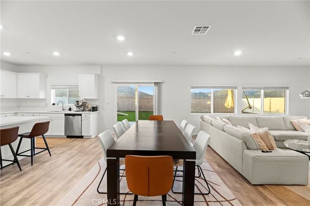 Dining room, Interior, Kitchen, Living room, Recessed Lighting, Wood Texture Flooring
