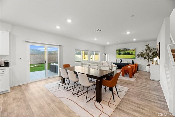 Dining room, Interior, Living room, Recessed Lighting, Wood Texture Flooring
