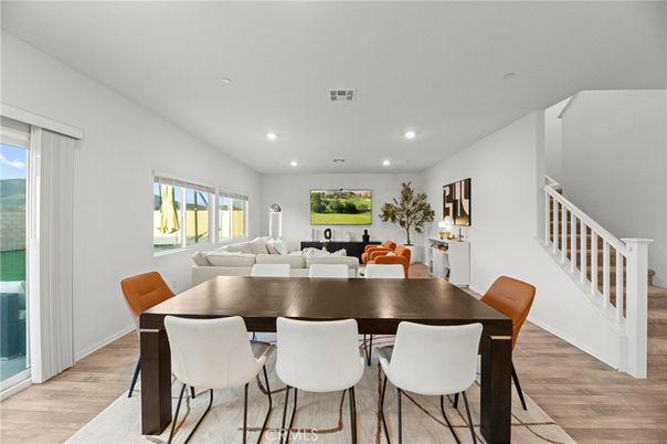 Dining room, Interior, Living room, Recessed Lighting, Wood Texture Flooring