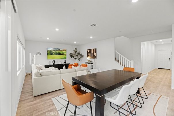 Dining room, Interior, Living room, Recessed Lighting, Wood Texture Flooring