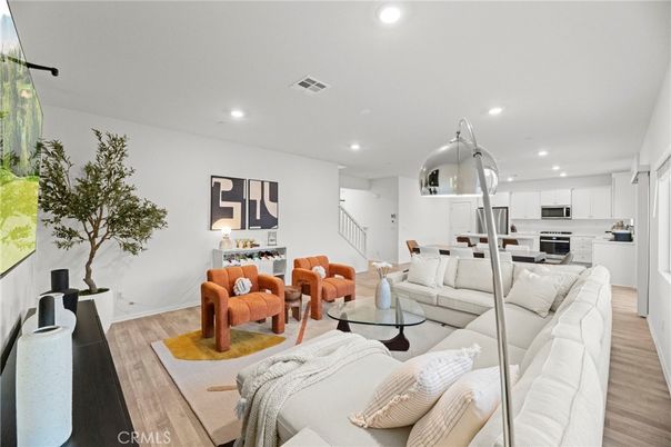 Interior, Kitchen, Living room, Recessed Lighting, Stainless Steel Appliances, Wood Texture Flooring