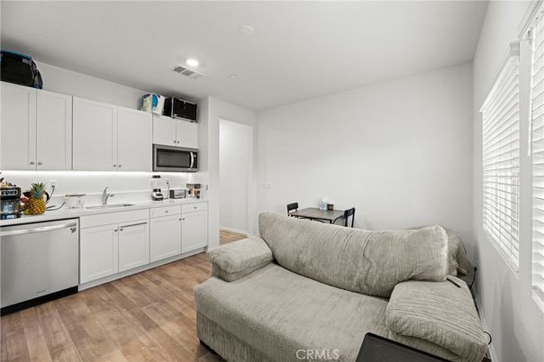 Interior, Kitchen, Living room, Recessed Lighting, Stainless Steel Appliances, Wood Texture Flooring