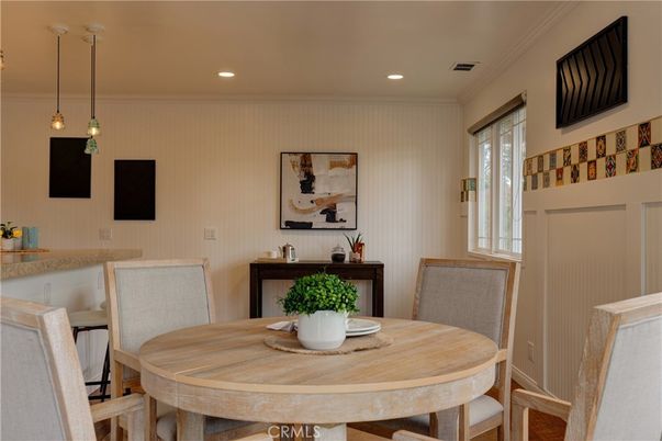 Dining room, Interior, Pendant Lights, Recessed Lighting, Wood Texture Flooring