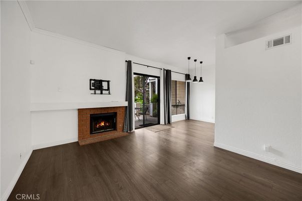 Empty room, Fireplace, Interior, Pendant Lights, Wood Texture Flooring