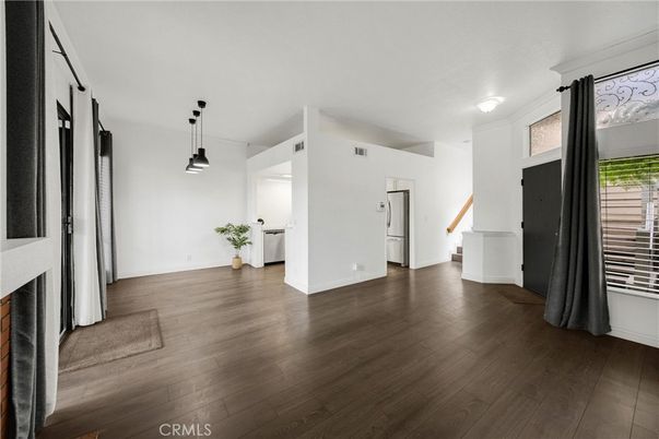 Empty room, Fireplace, Interior, Pendant Lights, Wood Texture Flooring