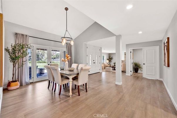 Dining room, Interior, Living room, Pendant Lights, Recessed Lighting, Wood Texture Flooring