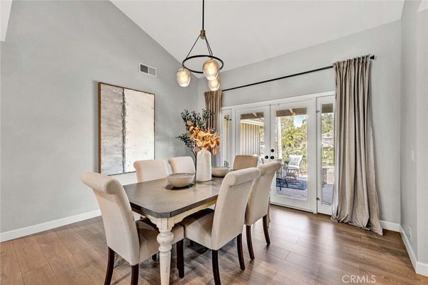 Dining room, Interior, Pendant Lights, Wood Texture Flooring