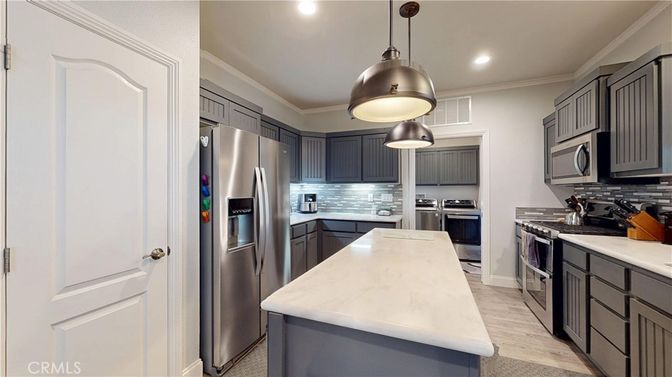 Interior, Kitchen, Pendant Lights, Recessed Lighting, Stainless Steel Appliances, Wood Texture Flooring