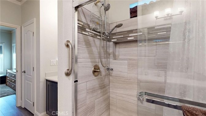 Bathroom, Glass Shower, Interior, Wood Texture Flooring