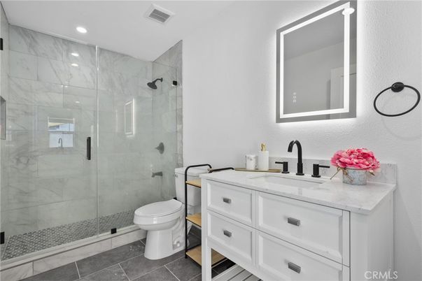 Bathroom, Glass Shower, Interior, Marble Walls, Recessed Lighting