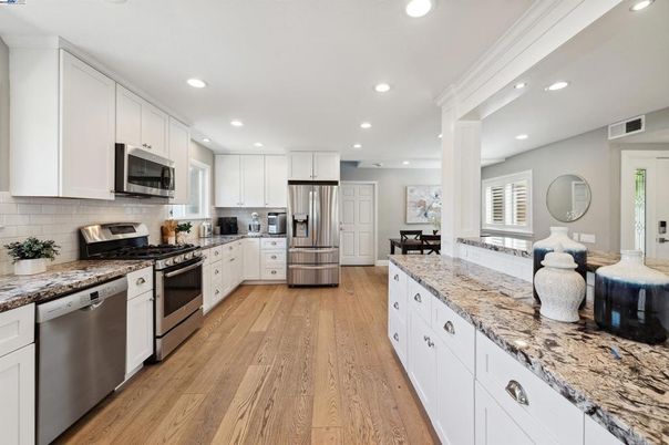 Interior, Kitchen, Recessed Lighting, Stainless Steel Appliances, Wood Texture Flooring