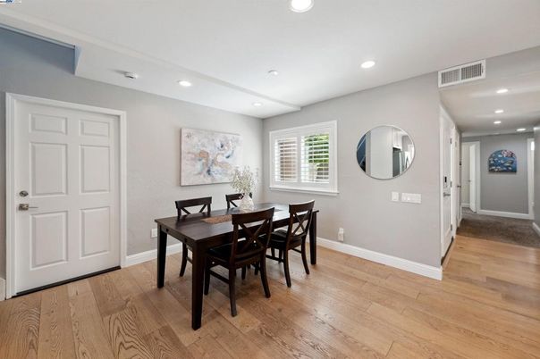 Dining room, Interior, Recessed Lighting, Wood Texture Flooring