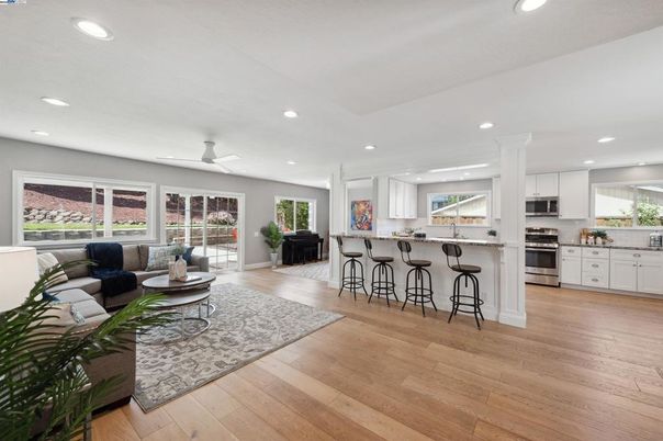 Interior, Kitchen, Living room, Recessed Lighting, Stainless Steel Appliances, Wood Texture Flooring