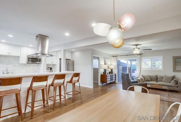Dining room, Interior, Kitchen, Living room, Pendant Lights, Recessed Lighting, Stainless Steel Appliances, Wood Texture Flooring