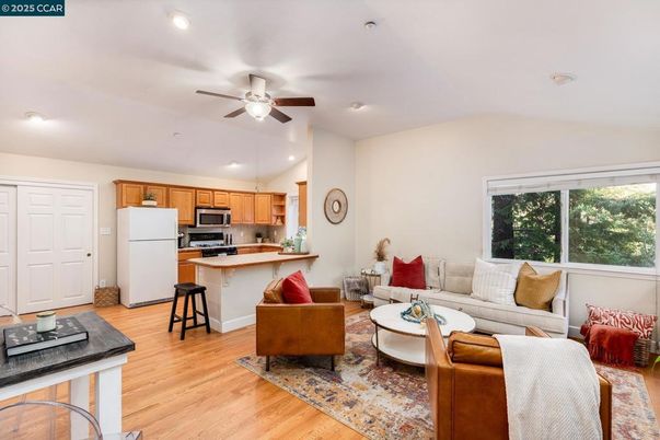 Interior, Kitchen, Living room, Recessed Lighting, Stainless Steel Appliances, Wood Texture Flooring