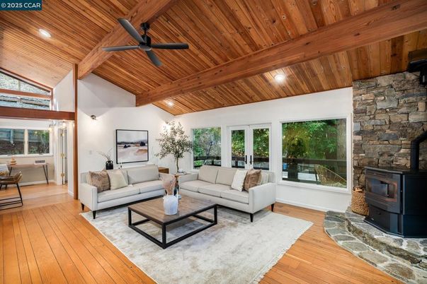 Fireplace, Interior, Living room, Recessed Lighting, Stone Walls, Wooden Beams, Wooden Ceilings, Wood Texture Flooring
