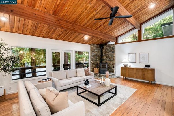 Fireplace, Interior, Living room, Recessed Lighting, Stone Walls, Wooden Beams, Wooden Ceilings, Wood Texture Flooring