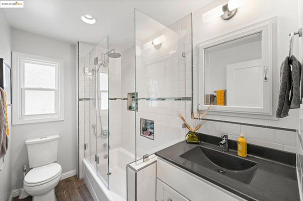 Bathroom, Glass Shower, Interior, Recessed Lighting, Wood Texture Flooring