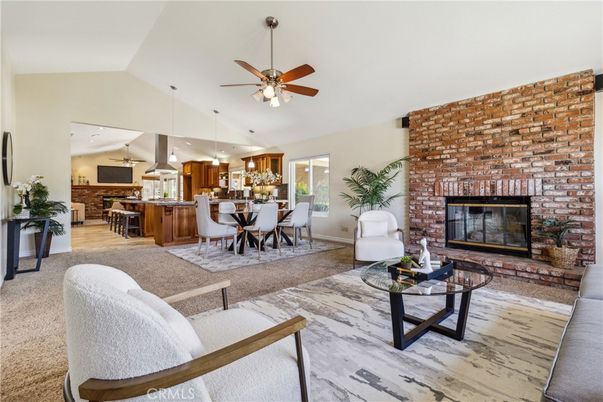 Dining room, Fireplace, Interior, Kitchen, Living room, Pendant Lights, Recessed Lighting, Stone Walls, Wood Texture Flooring