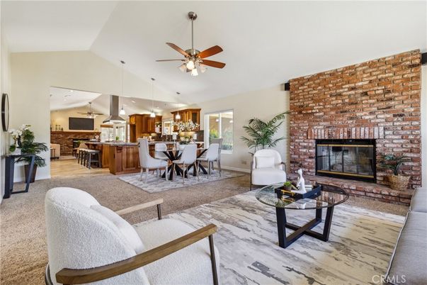 Dining room, Fireplace, Interior, Kitchen, Living room, Pendant Lights, Recessed Lighting, Stone Walls