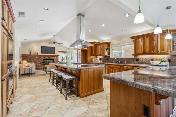 Fireplace, Interior, Kitchen, Pendant Lights, Recessed Lighting, Stone Walls