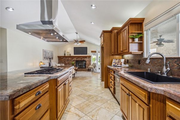 Fireplace, Interior, Kitchen, Recessed Lighting, Stone Walls