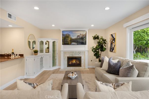 Fireplace, Interior, Living room, Recessed Lighting, Wood Texture Flooring