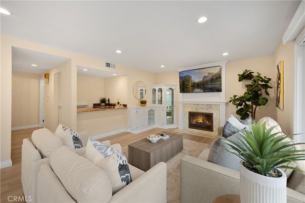 Fireplace, Interior, Living room, Recessed Lighting, Wood Texture Flooring