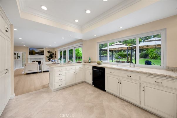 Fireplace, Interior, Kitchen, Living room, Recessed Lighting, Wood Texture Flooring