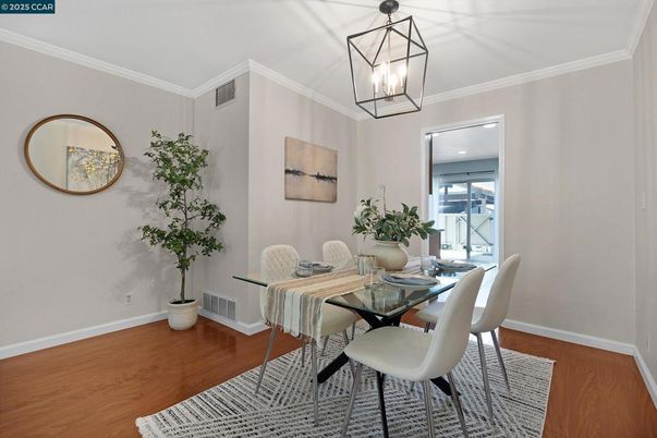 Dining room, Interior, Pendant Lights, Wood Texture Flooring