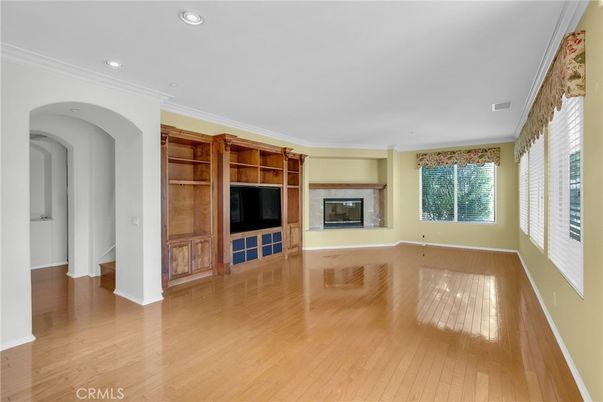 Empty room, Fireplace, Interior, Recessed Lighting, Wood Texture Flooring
