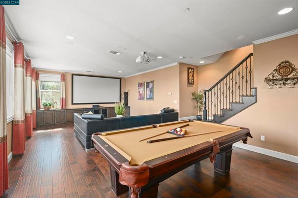 Billiard Table, Game Room, Interior, Projection Screen, Recessed Lighting, Theatre Room, Wood Texture Flooring
