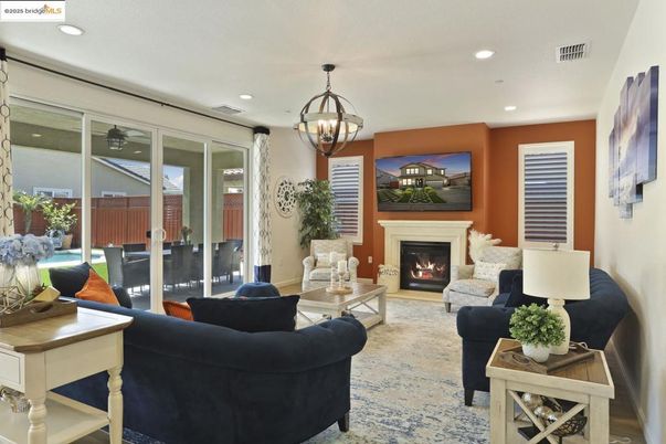 Chandelier, Fireplace, Interior, Living room, Recessed Lighting