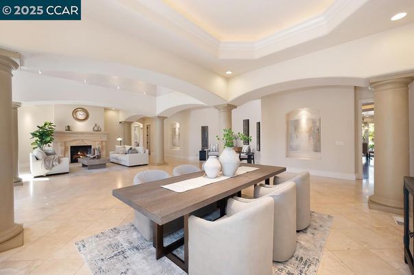 Dining room, Fireplace, Interior, Living room, Recessed Lighting