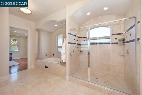 Bathroom, Glass Shower, Interior, Recessed Lighting, Wood Texture Flooring