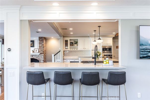 Interior, Kitchen, Pendant Lights, Recessed Lighting, Stainless Steel Appliances, Stone Walls