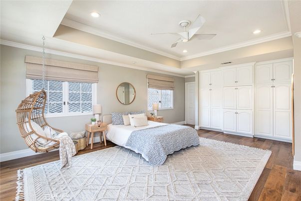 Bedroom, Interior, Recessed Lighting, Wood Texture Flooring