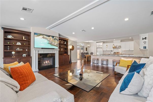 Dining room, Fireplace, Interior, Kitchen, Living room, Pendant Lights, Recessed Lighting, Wood Texture Flooring