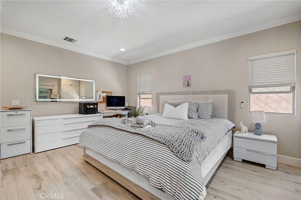 Bedroom, Interior, Recessed Lighting, Wood Texture Flooring