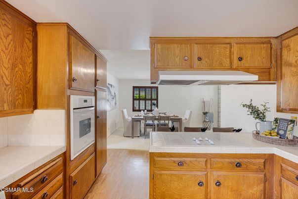 Dining room, Interior, Kitchen, Tile Countertops, Wood Texture Flooring